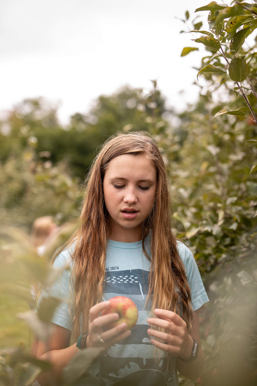 Young girl looking down at apple she just picked