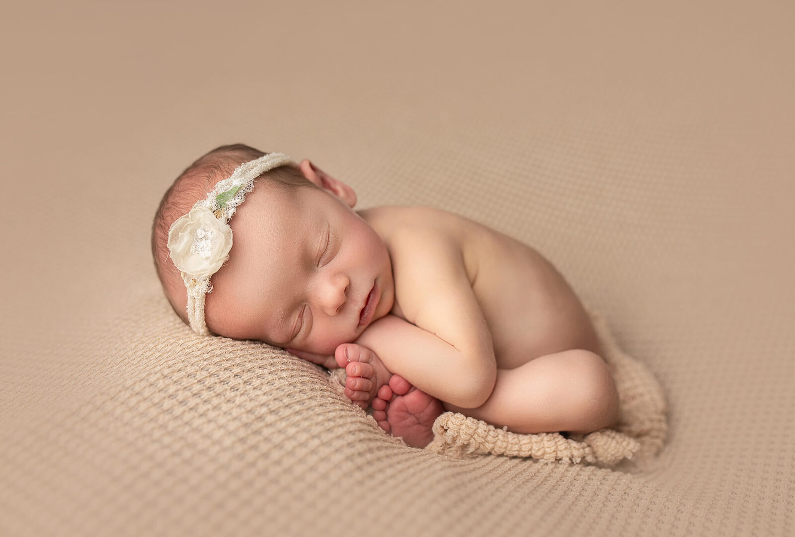newborn baby girl on a yellow tan colored backdrop all curled up